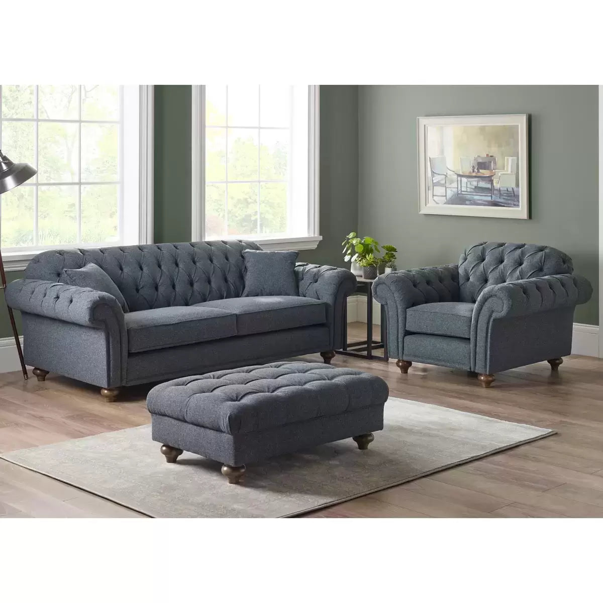 Bordeaux Button Back Blue Fabric 3 Seater Sofa
