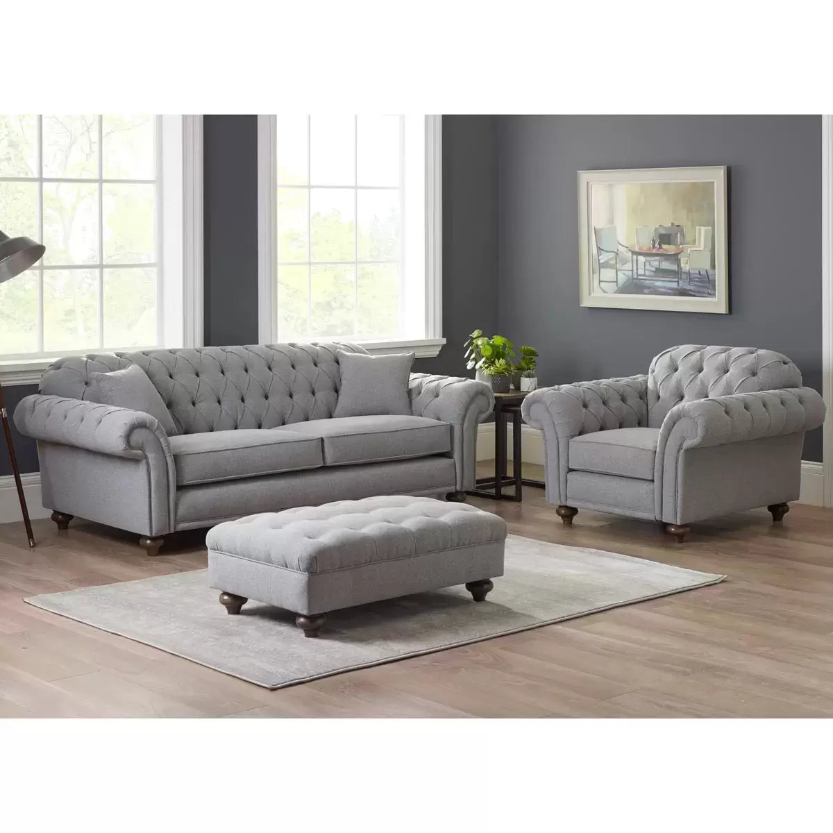 Bordeaux Button Back Grey Fabric 3 Seater Sofa