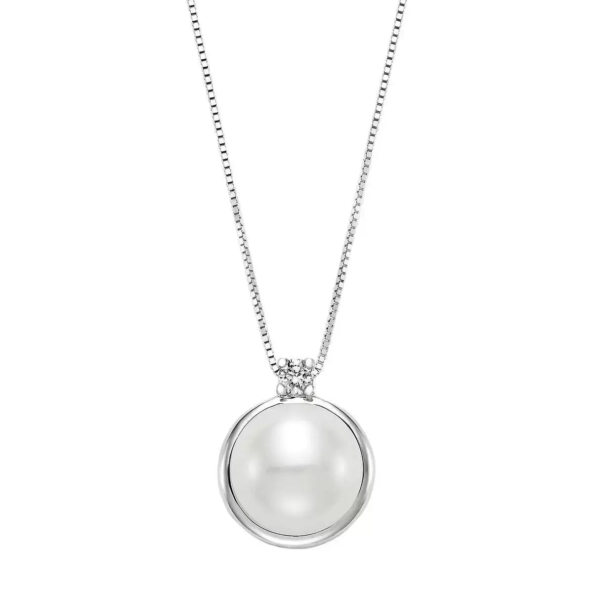 9-10mm Cultured Freshwater White Pearl & 0.06ctw Diamond Pendant, 14ct White