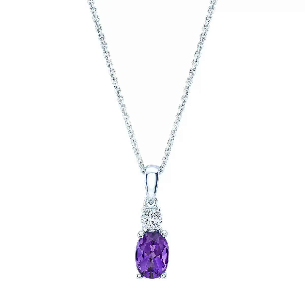 Oval Cut Amethyst & 0.09ctw Diamond Pendant, 14ct White Gold
