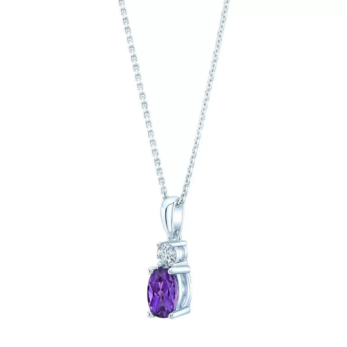 Oval Cut Amethyst & 0.09ctw Diamond Pendant, 14ct White Gold