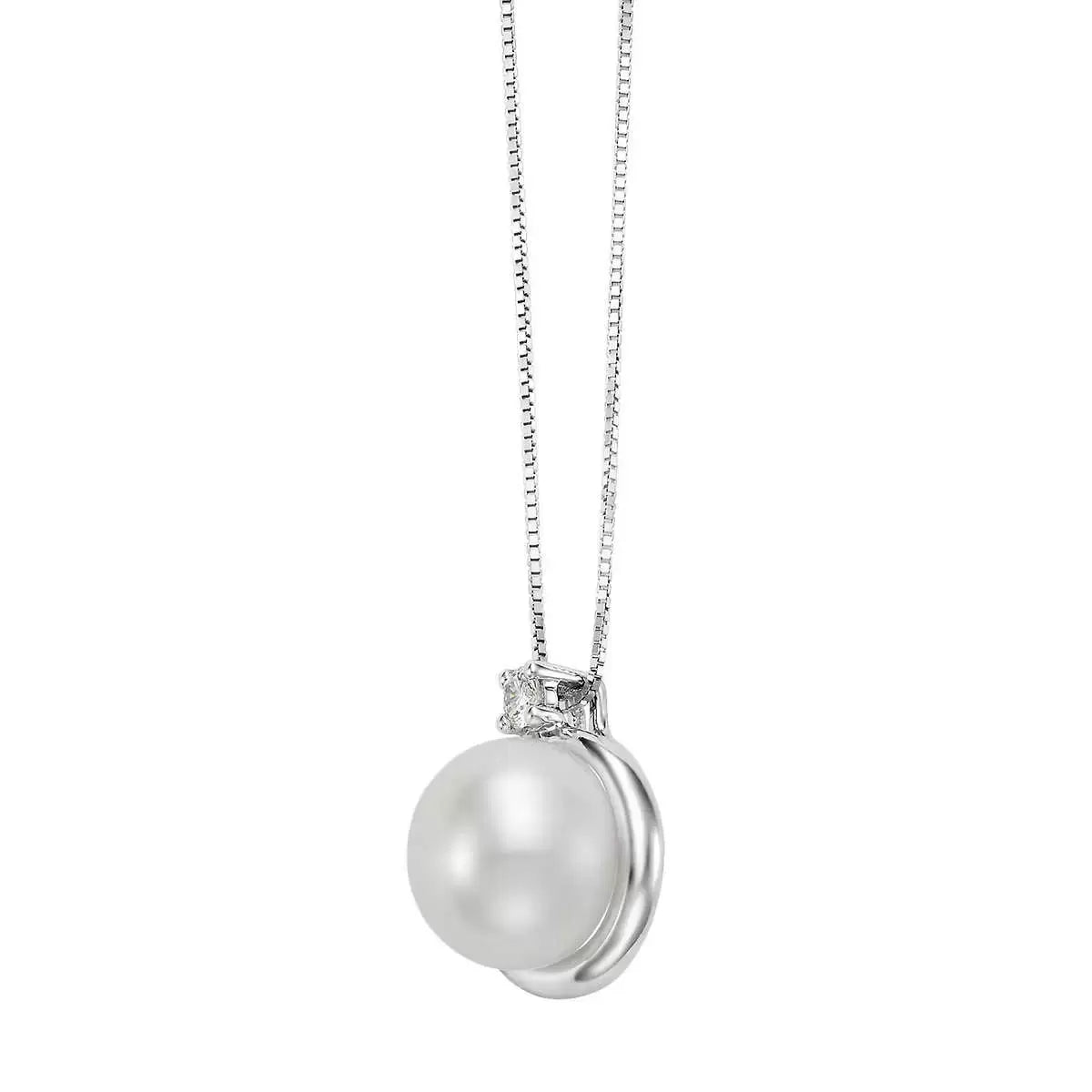 9-10mm Cultured Freshwater White Pearl & 0.06ctw Diamond Pendant, 14ct White