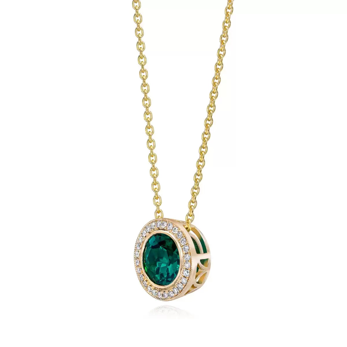 Round Cut Lab Emerald & 0.10ctw Diamond Pendant, 14ct Yellow Gold