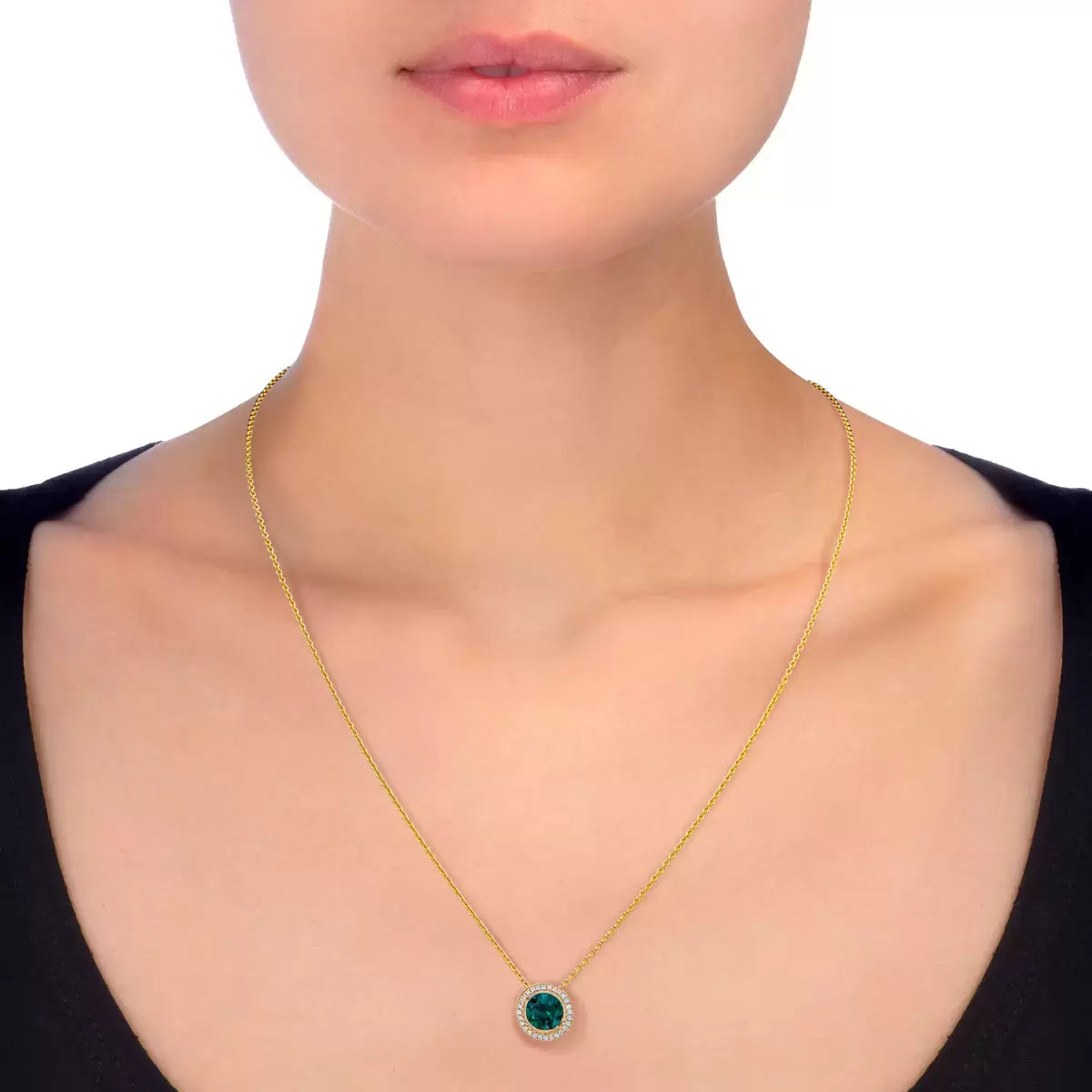 Round Cut Lab Emerald & 0.10ctw Diamond Pendant, 14ct Yellow Gold