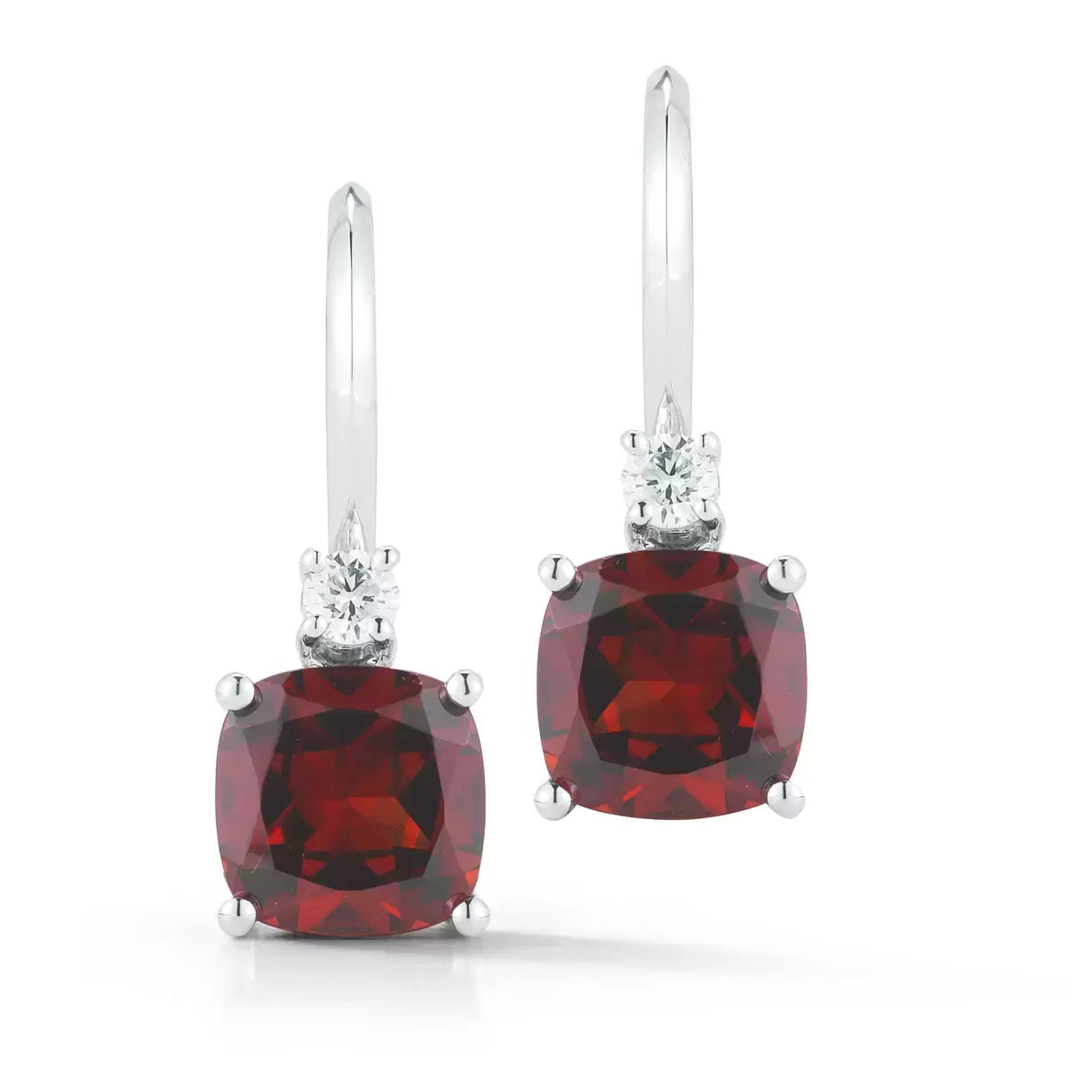 Cushion Cut Garnet & 0.18ctw Diamond Earrings, 14ct White Gold