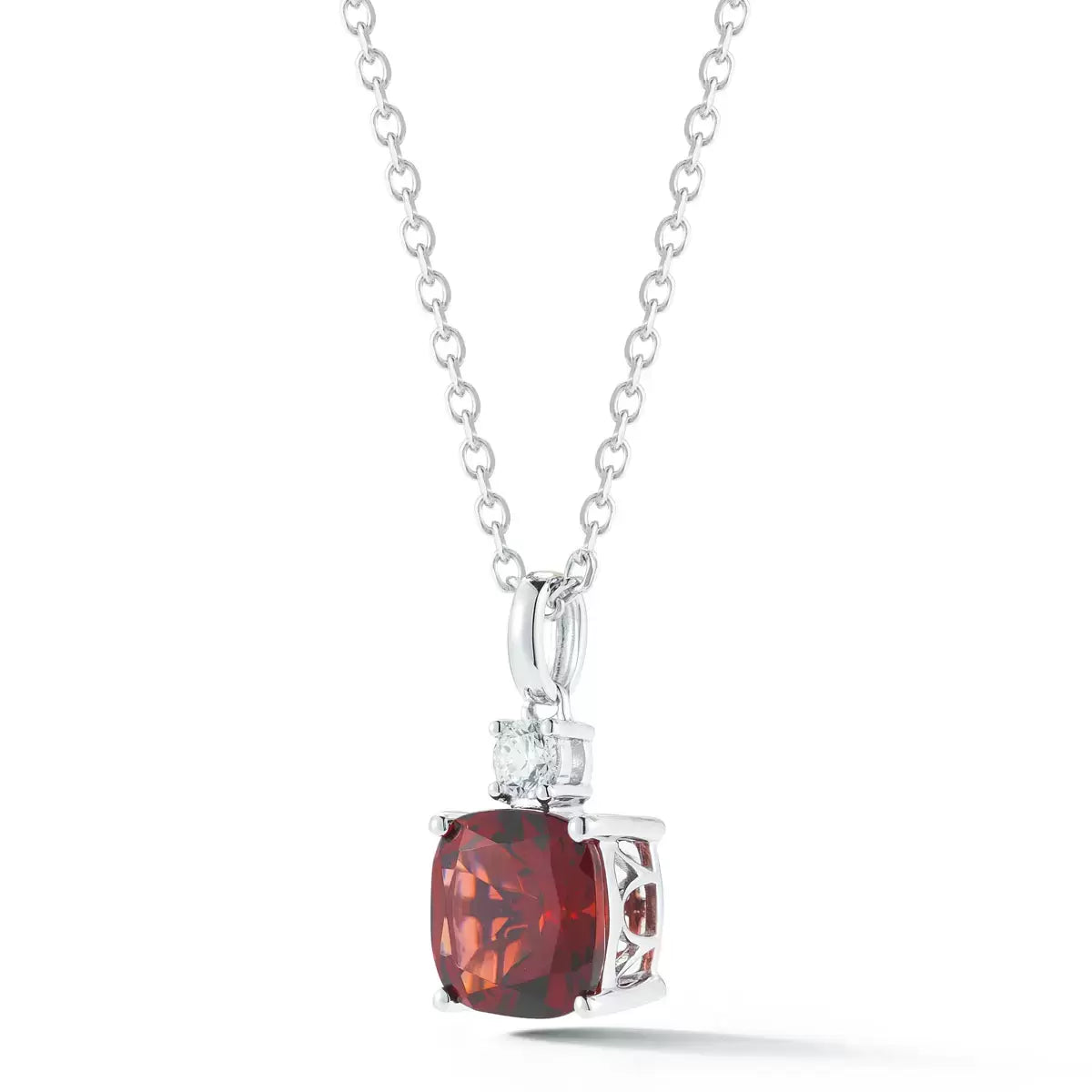 Cushion Cut Garnet & 0.10ctw Diamond Pendant, 14ct White Gold