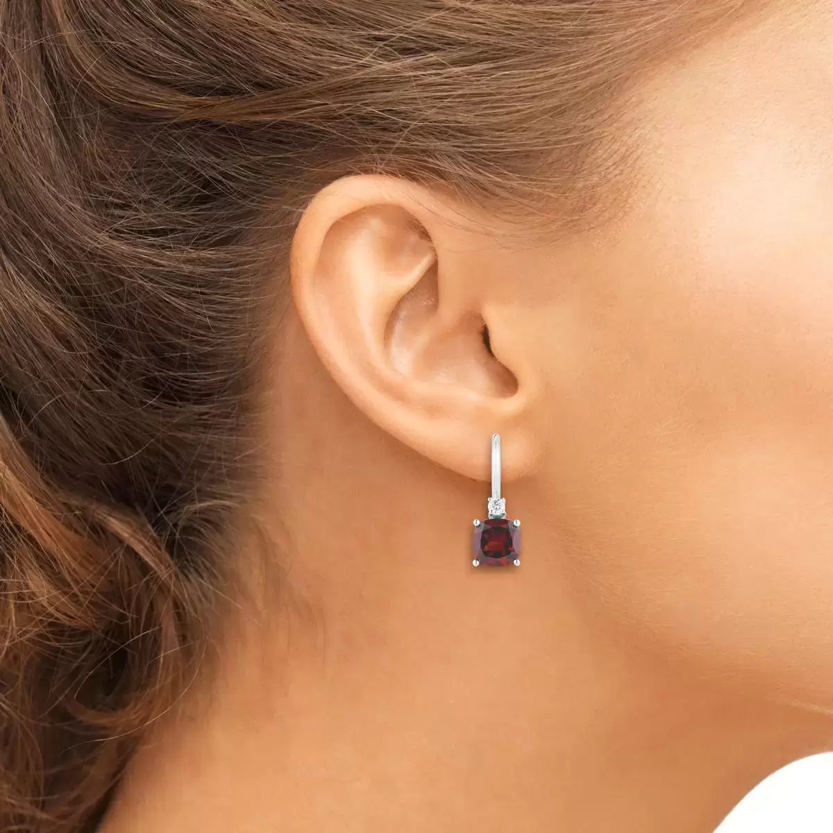 Cushion Cut Garnet & 0.18ctw Diamond Earrings, 14ct White Gold