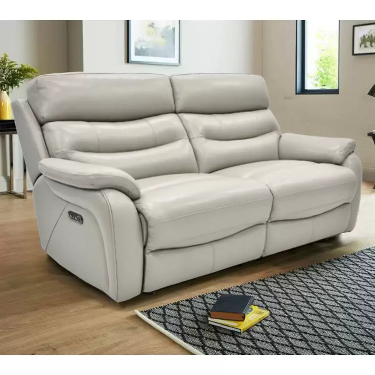 Fletcher Light Grey Leather Power Reclining Large 2 Seater Sofa with Power Headrest, view 3