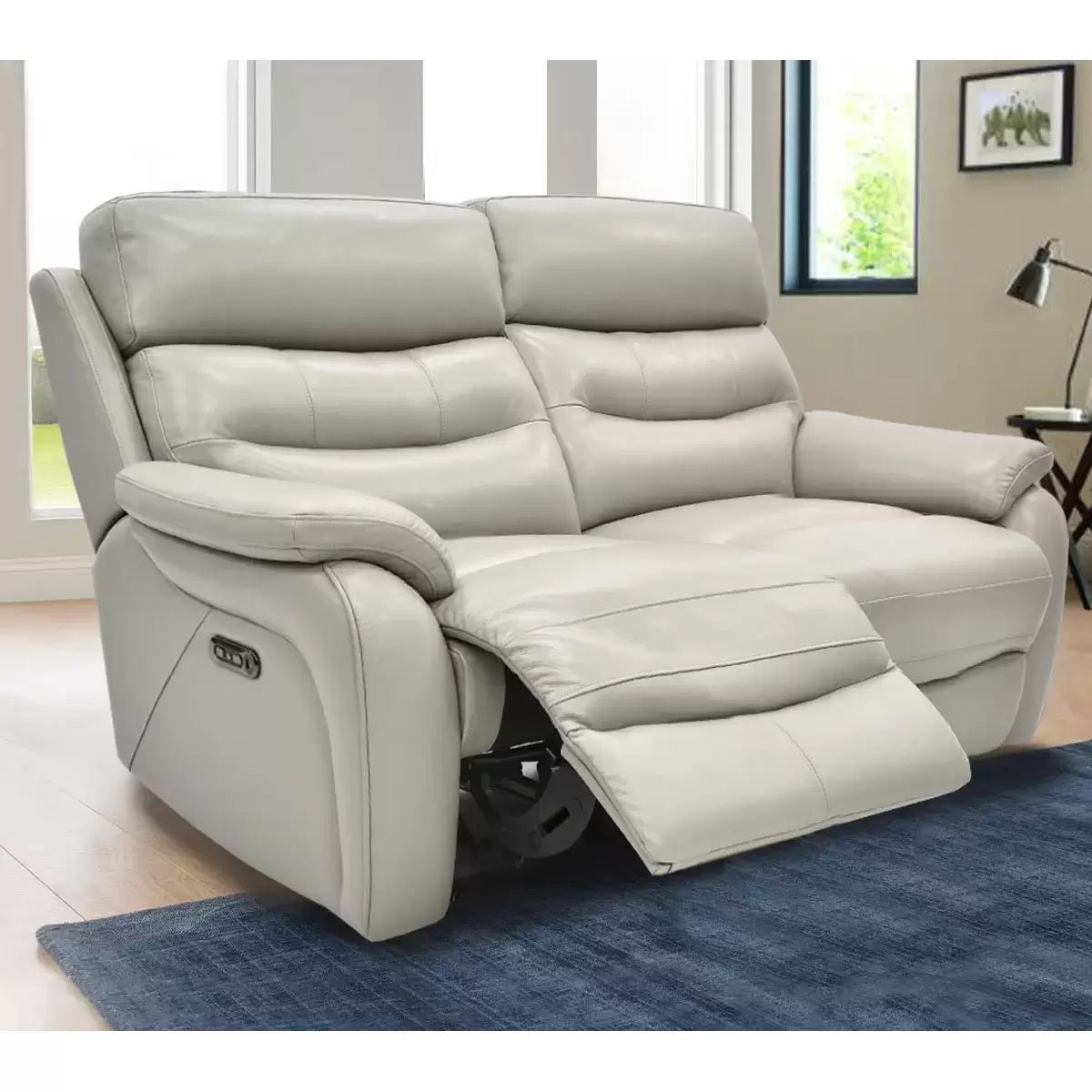 Fletcher Light Grey Leather Power Reclining 2 Seater Sofa with Power Headrest