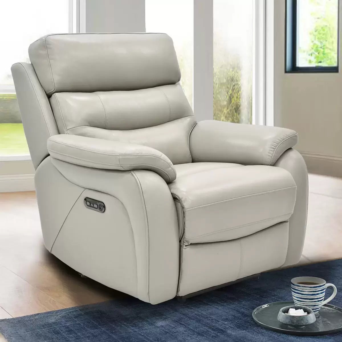 Fletcher Light Grey Leather Power Recliner Armchair with Power Headrest, view 3
