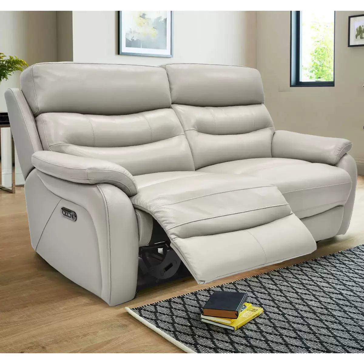 Fletcher Light Grey Leather Power Reclining Large 2 Seater Sofa with Power