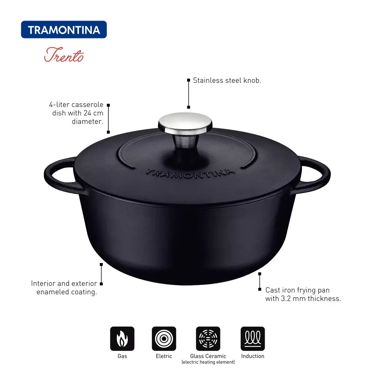 Tramontina Enamelled Cast Iron Casserole Dish, 24cm / 4.0L