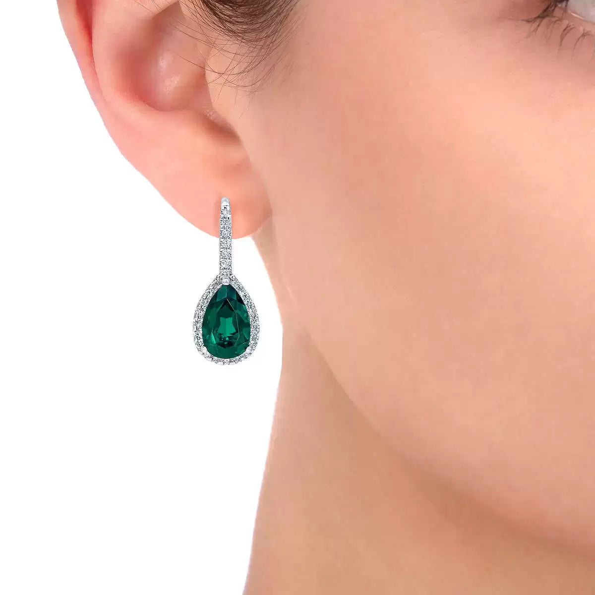 Pear Cut Lab Created Emerald & 0.50ctw Diamond Earrings, 14ct White Gold