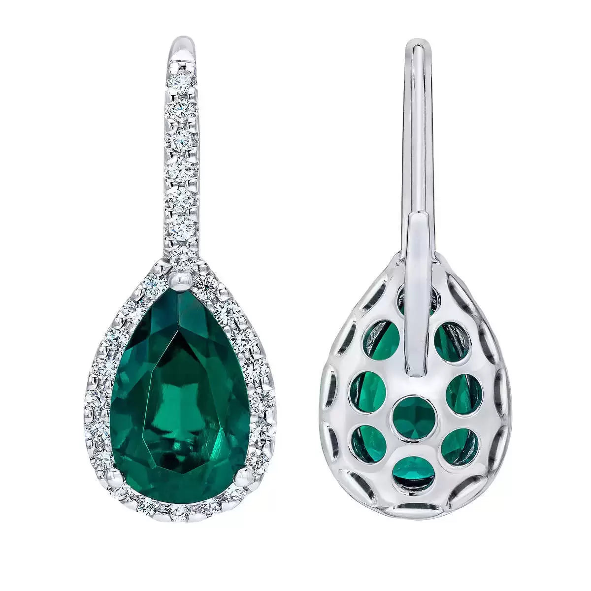 Pear Cut Lab Created Emerald & 0.50ctw Diamond Earrings, 14ct White Gold