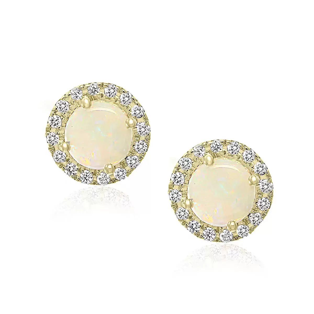 Round Cut Australian Opal & 0.12ctw Diamond Earrings, 14ct Yellow Gold