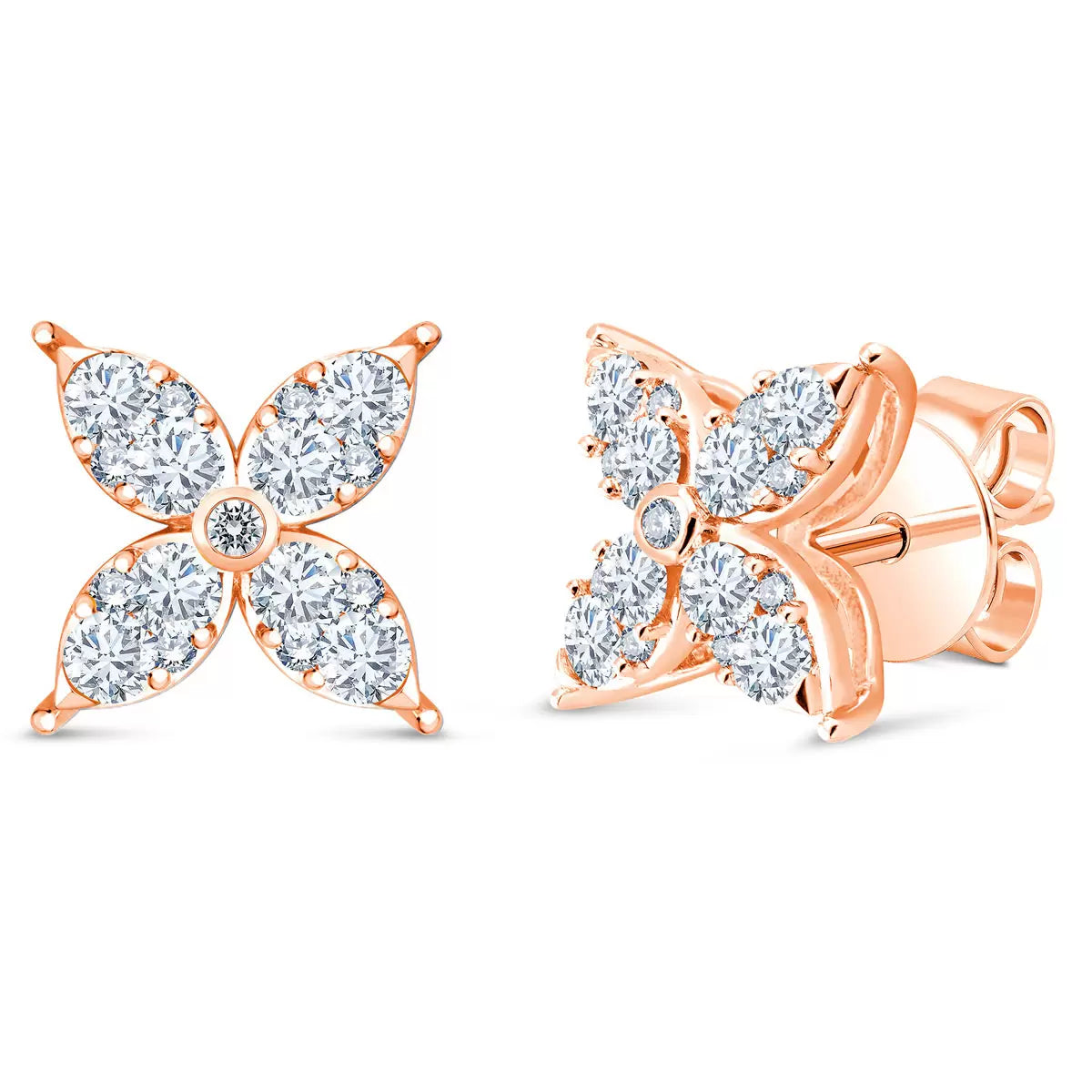 0.90ctw Round Brilliant Cut Diamond Flower Stud Earrings, 14ct Rose Gold