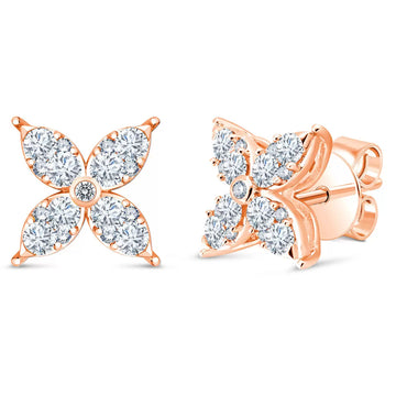 0.90ctw Round Brilliant Cut Diamond Flower Stud Earrings, 14ct Rose Gold
