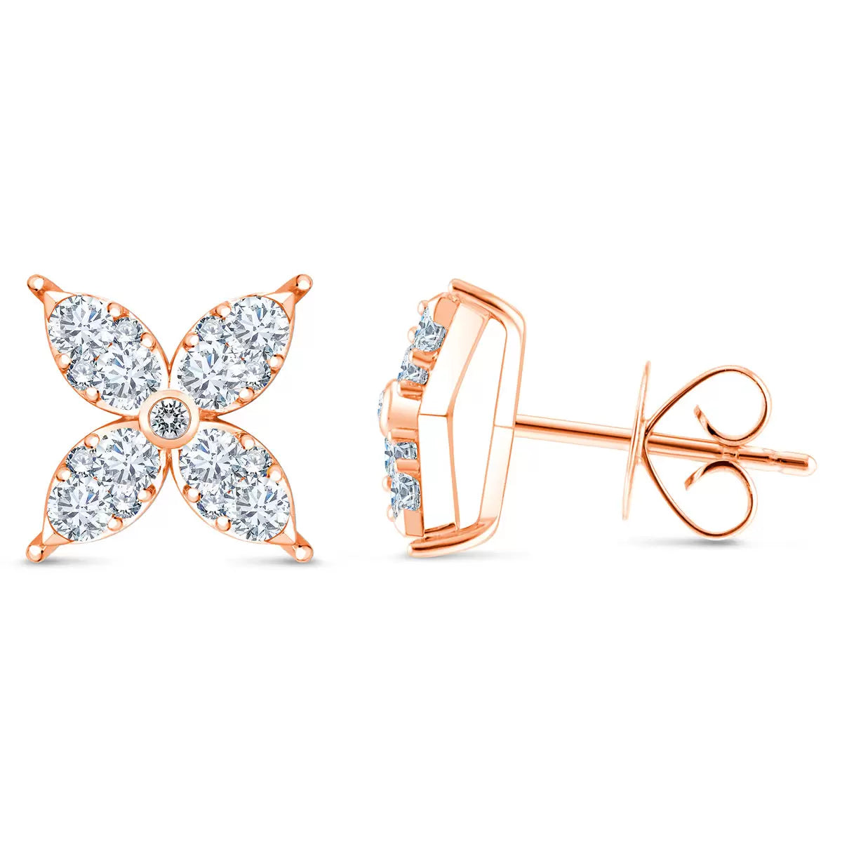 0.90ctw Round Brilliant Cut Diamond Flower Stud Earrings, 14ct Rose Gold