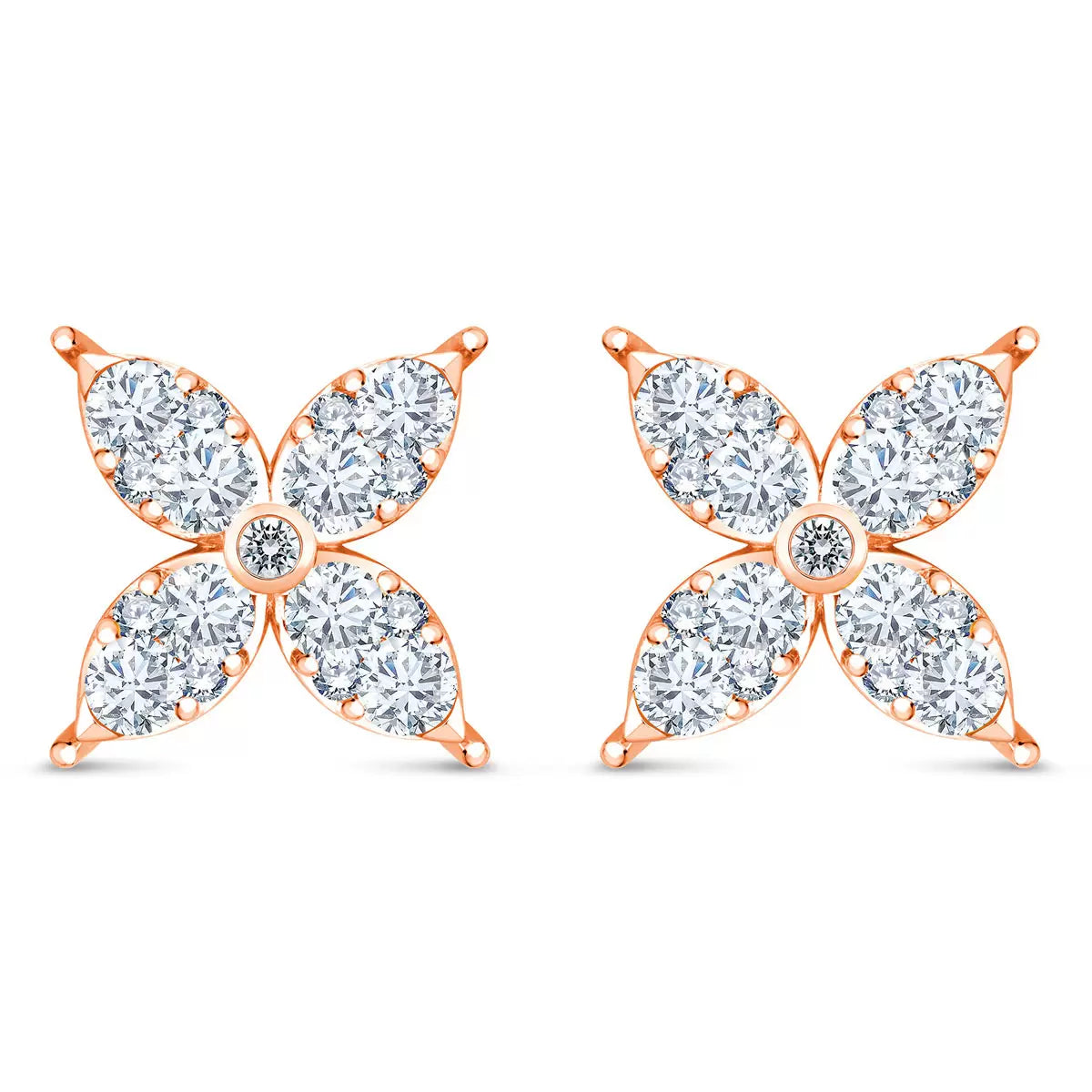 0.90ctw Round Brilliant Cut Diamond Flower Stud Earrings, 14ct Rose Gold