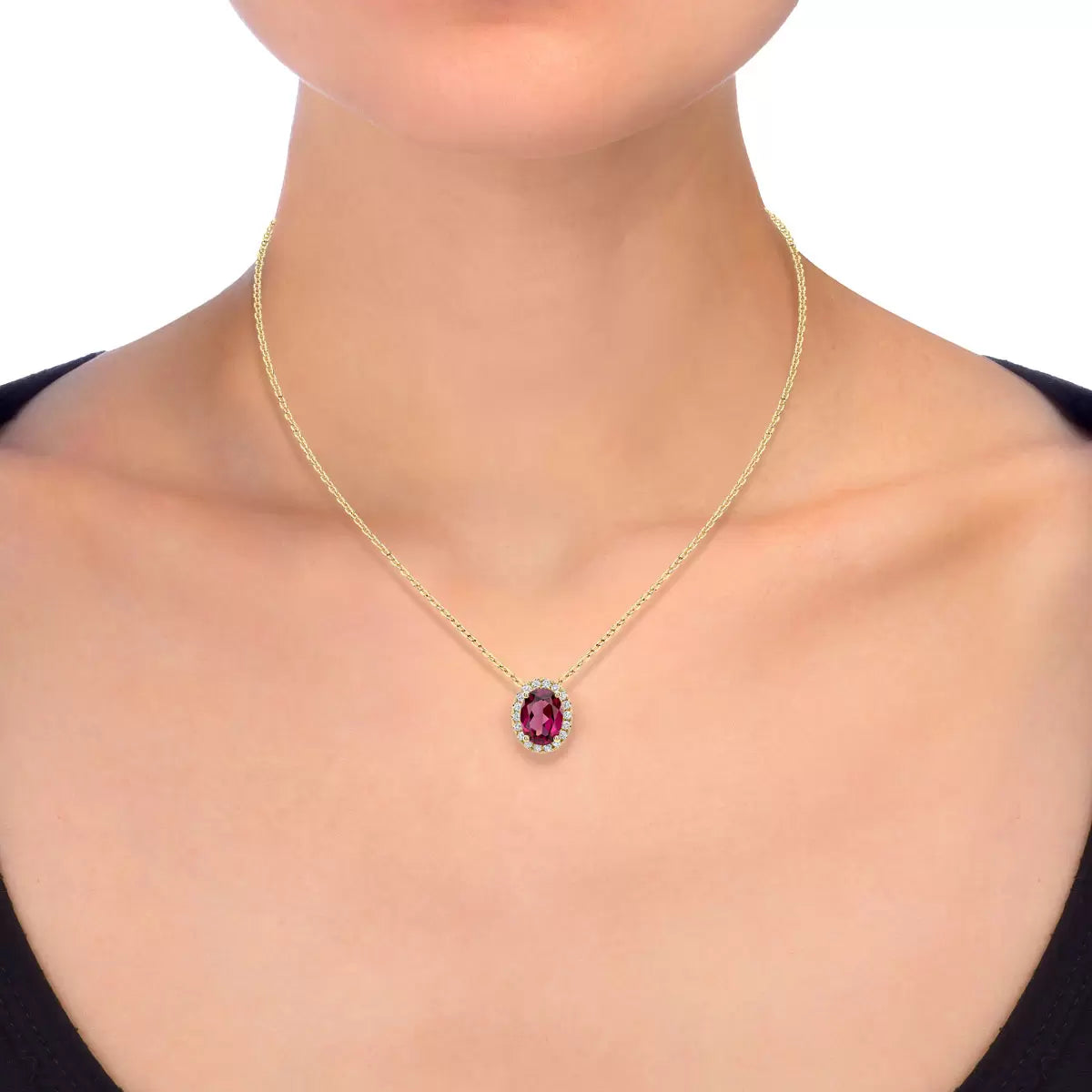 Oval Cut Garnet & 0.13ctw Diamond Pendant, 14ct Yellow Gold
