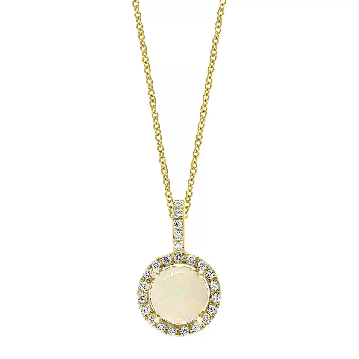 Round Cut Australian Opal & 0.11ctw Diamond Pendant, 14ct Yellow Gold