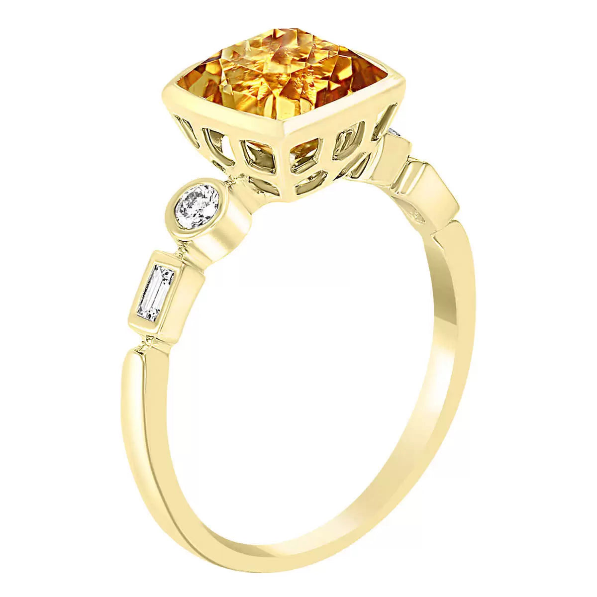 Cushion Cut Citrine & 0.16ctw Diamond Ring, 14ct Yellow Gold