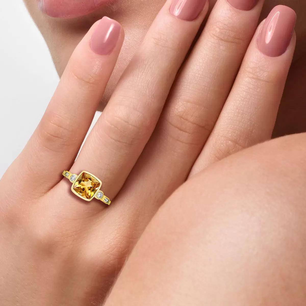 Cushion Cut Citrine & 0.16ctw Diamond Ring, 14ct Yellow Gold