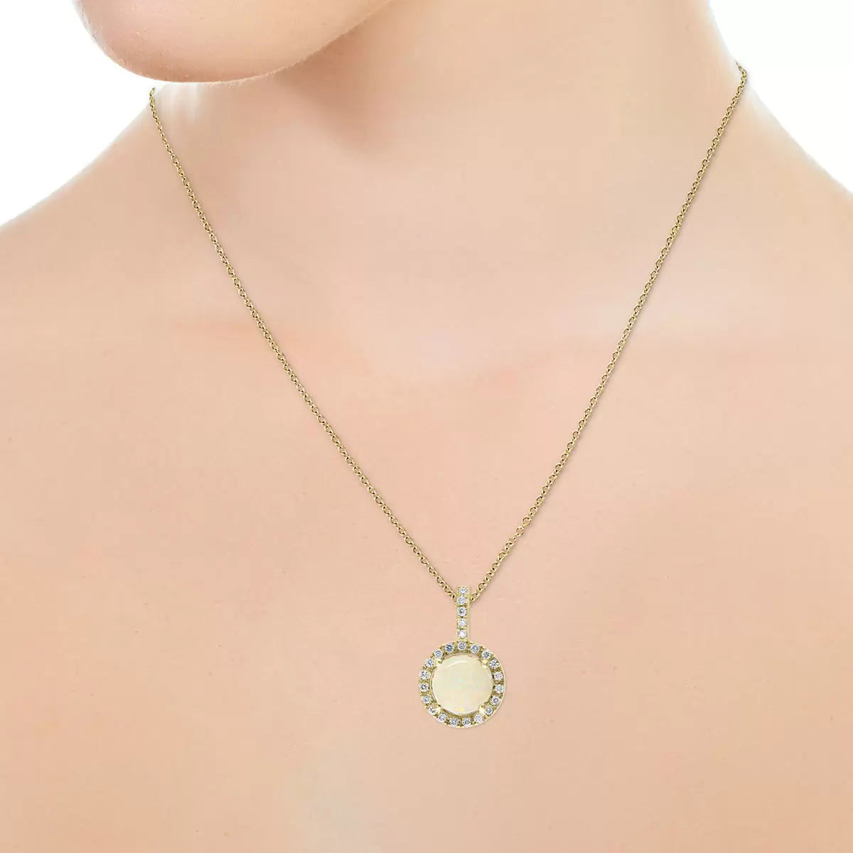 Round Cut Australian Opal & 0.11ctw Diamond Pendant, 14ct Yellow Gold