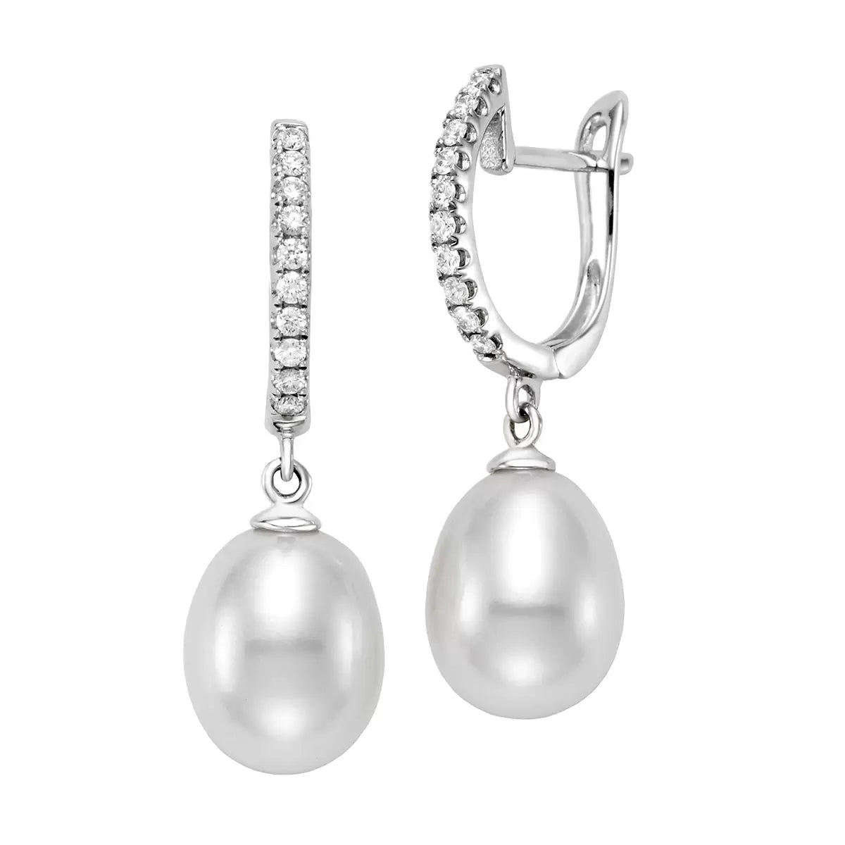 8.5-9mm Cultured Freshwater White Pearl & 0.16ctw Diamond Earrings, 18ct White