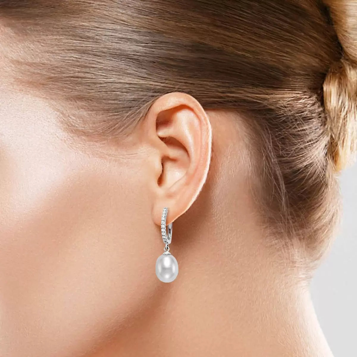 8.5-9mm Cultured Freshwater White Pearl & 0.16ctw Diamond Earrings, 18ct White