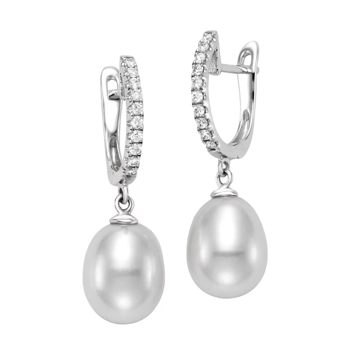 8.5-9mm Cultured Freshwater White Pearl & 0.16ctw Diamond Earrings, 18ct White