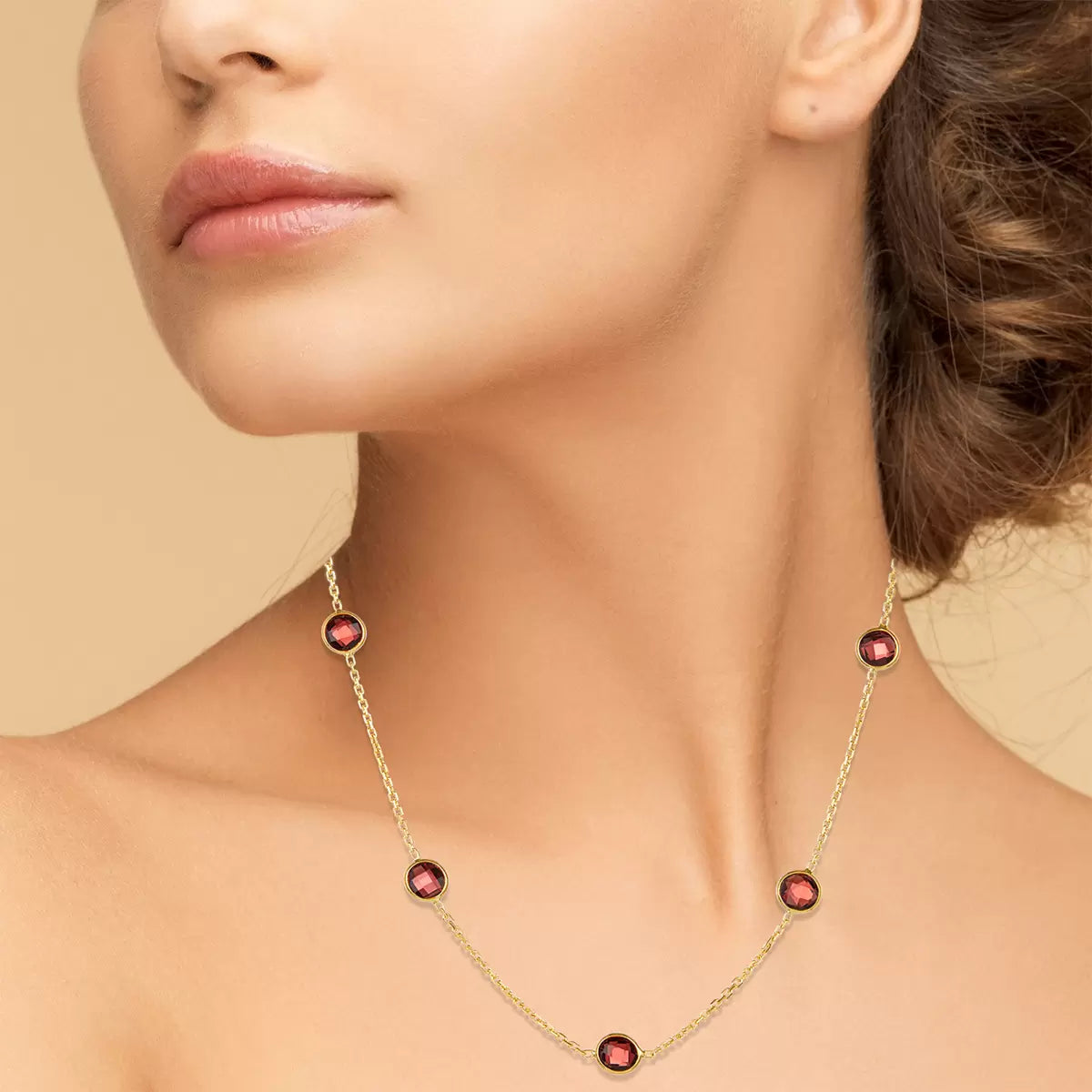 Round Cut Garnet Necklace, 14ct Yellow Gold