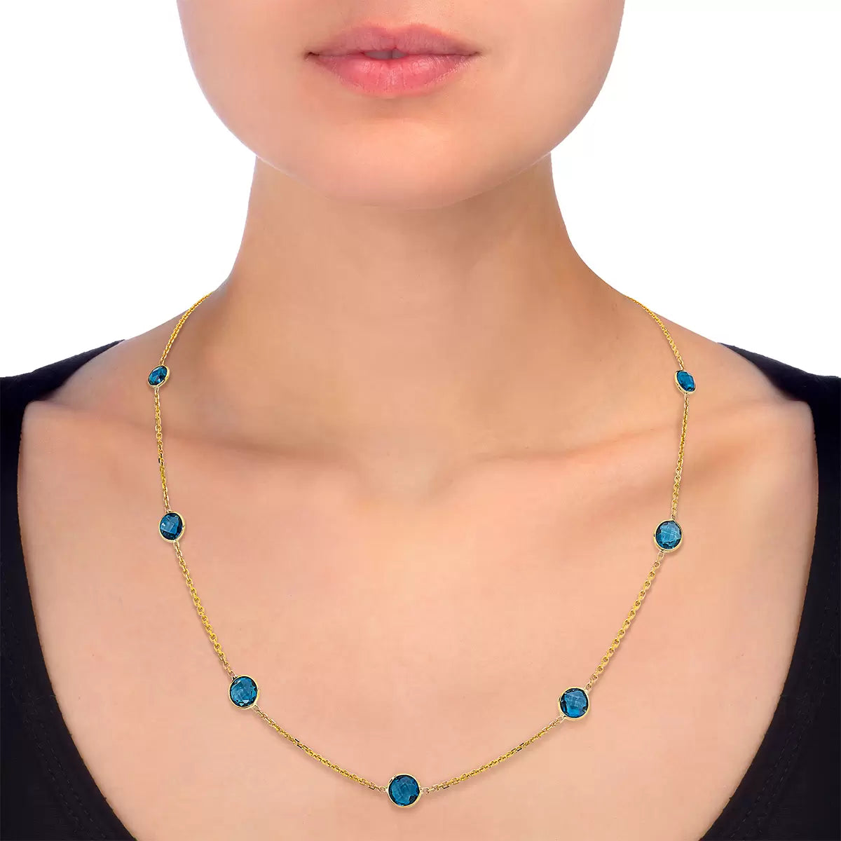 Round Cut Blue Topaz Necklace, 14ct Yellow Gold