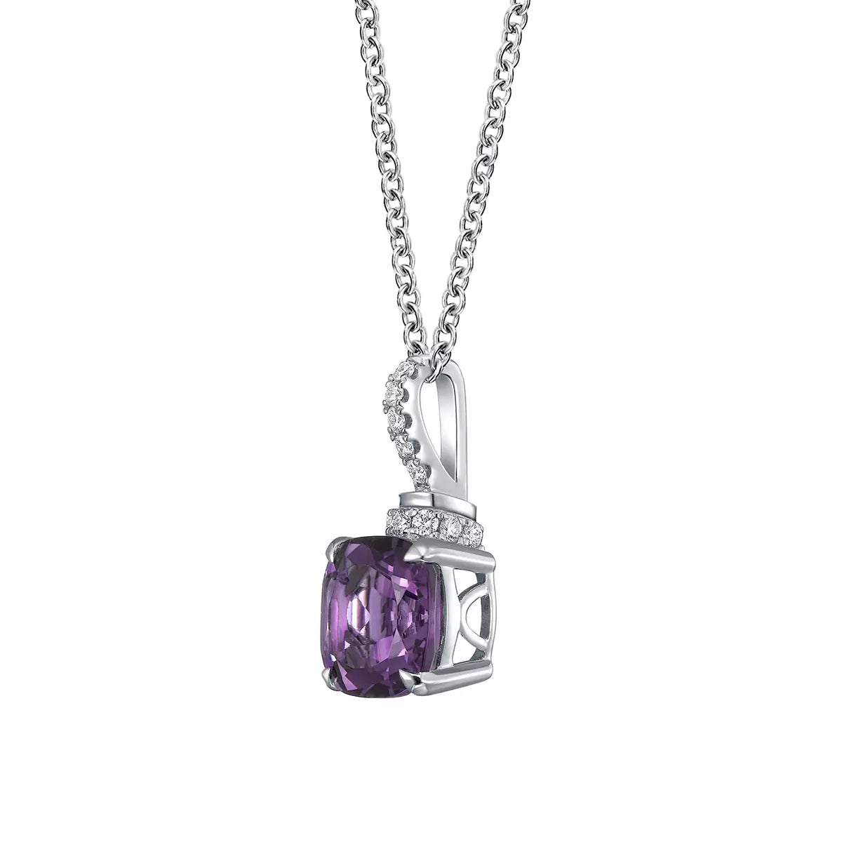 Cushion Cut Amethyst & 0.10ctw Diamond Pendant, 14ct White Gold
