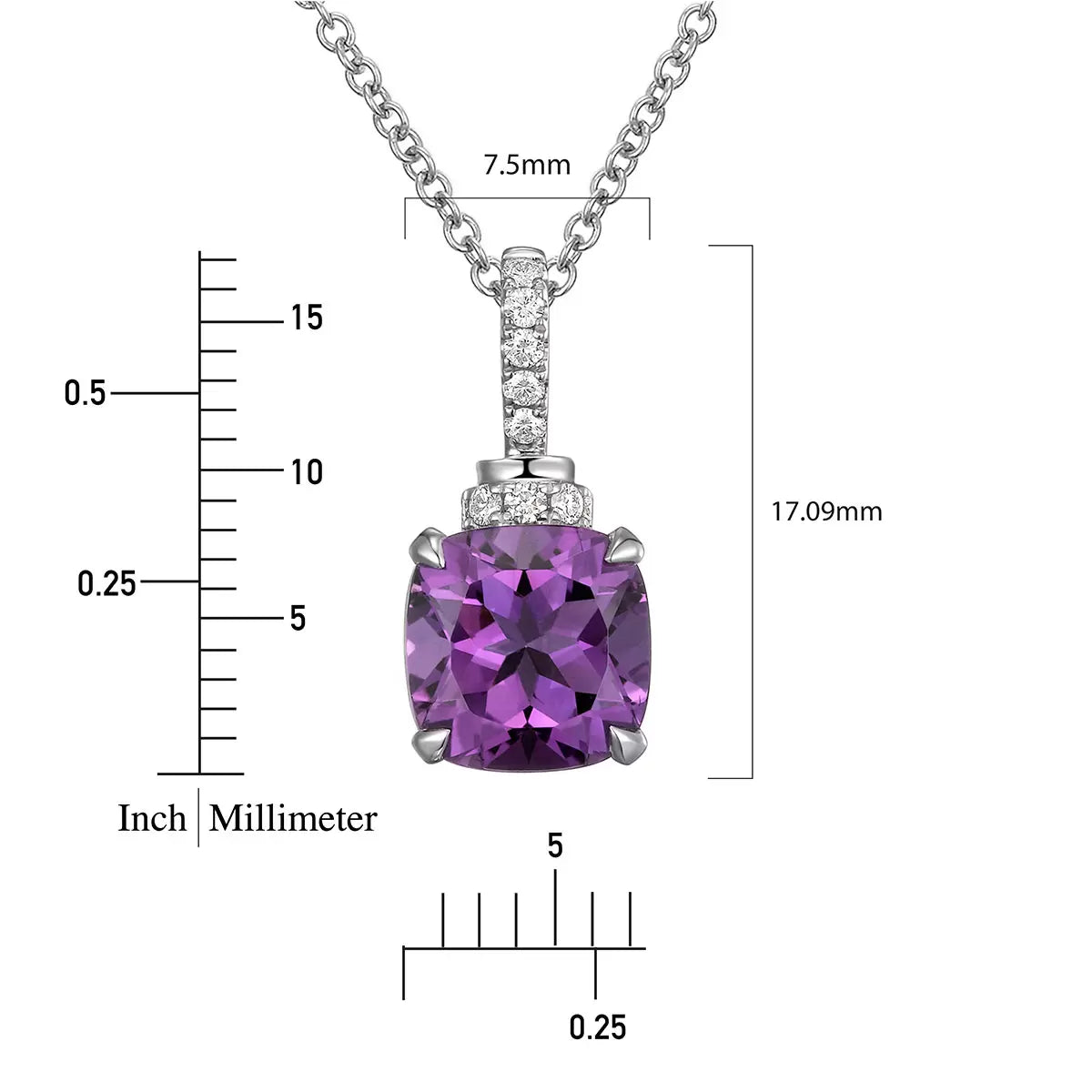 Cushion Cut Amethyst & 0.10ctw Diamond Pendant, 14ct White Gold