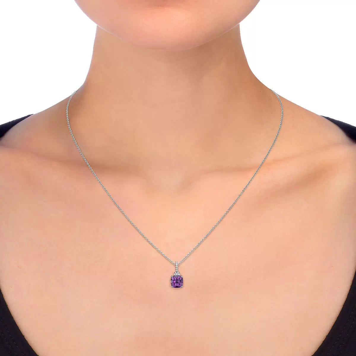 Cushion Cut Amethyst & 0.10ctw Diamond Pendant, 14ct White Gold