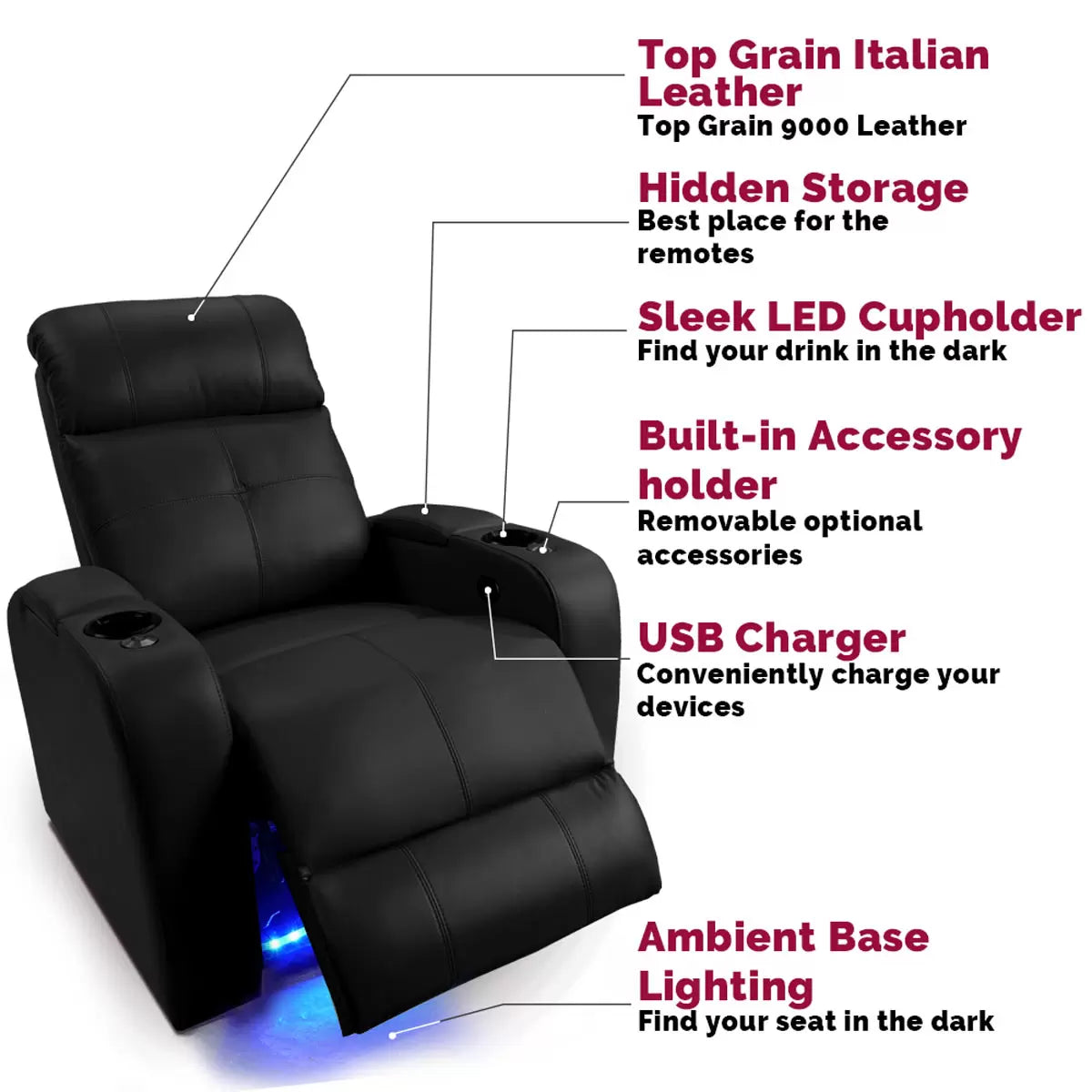 Valencia Verona Row of 4 Black Leather Power Reclining Home Theatre Seating