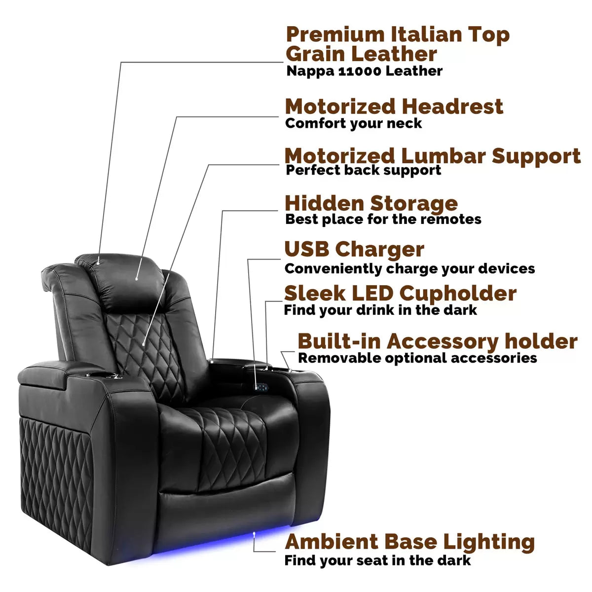 Valencia Tuscany Row of 4 Black Leather Power Reclining Home Theatre Seating