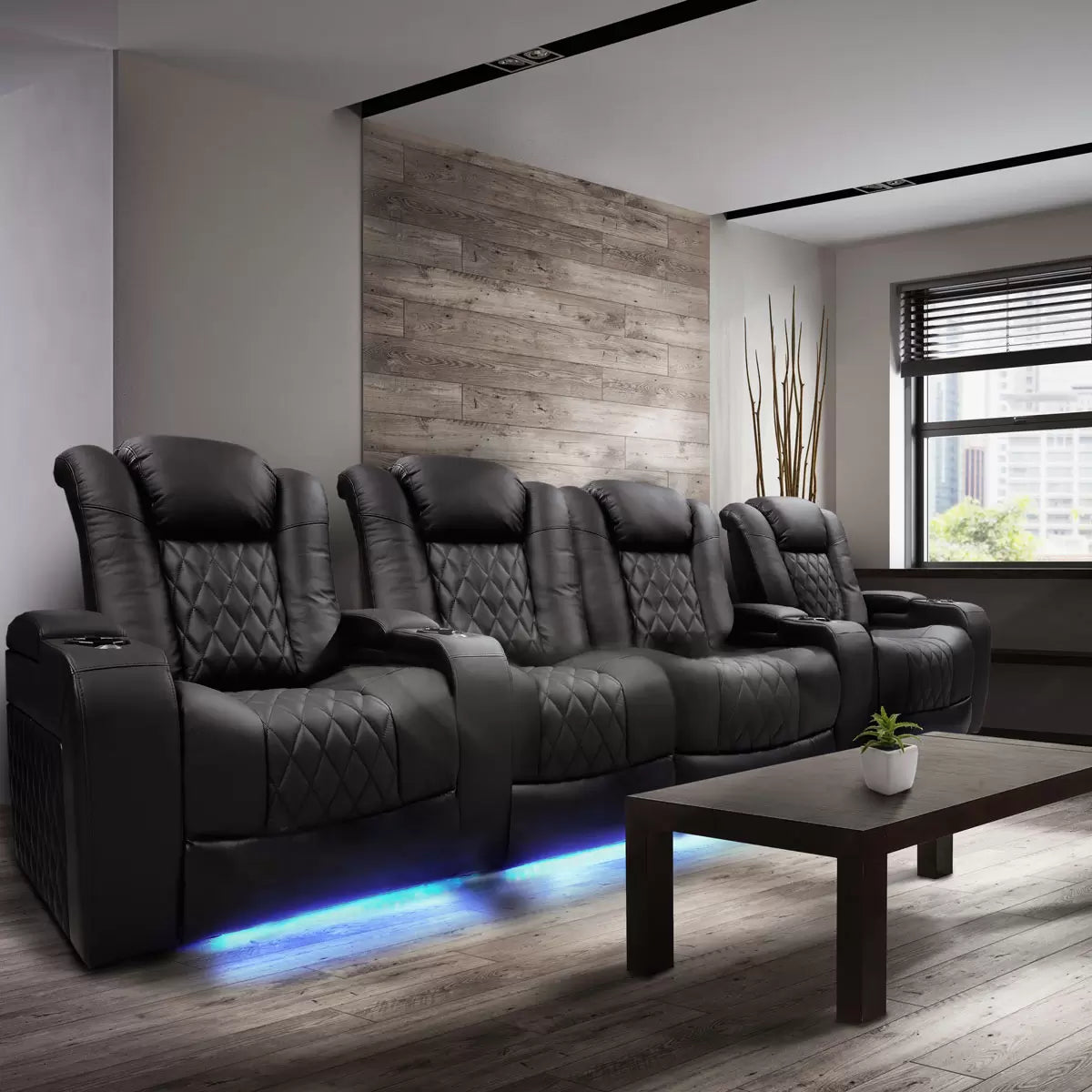 Valencia Tuscany Row of 4 Black Leather Power Reclining Home Theatre Seating