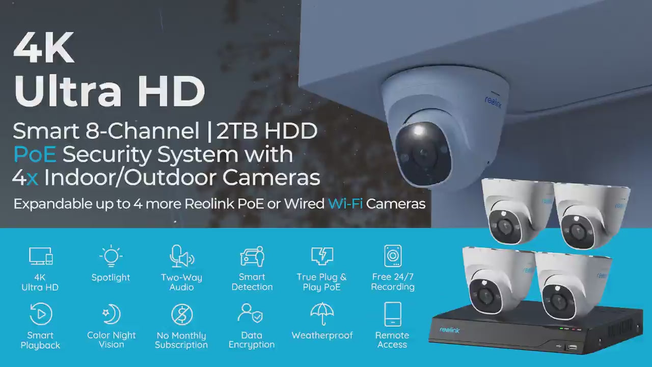 Reolink 8MP (4K) UHD NVR PoE AI 8 x channel / 4 x Dome camera Kit with 2TB HDD